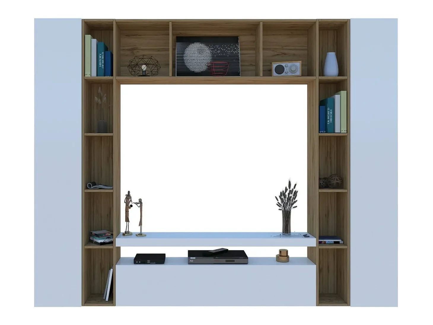 Sistema de parede Gilberto, conjunto de sala de TV com 3 portas, móveis de sala multiuso, 100% Made in Italy, 270x35h210 cm, branco brilhante e carvalho