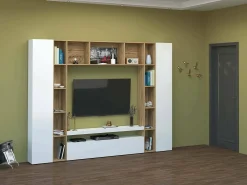 Sistema de parede Gilberto, conjunto de sala de TV com 3 portas, móveis de sala multiuso, 100% Made in Italy, 270x35h210 cm, branco brilhante e carvalho