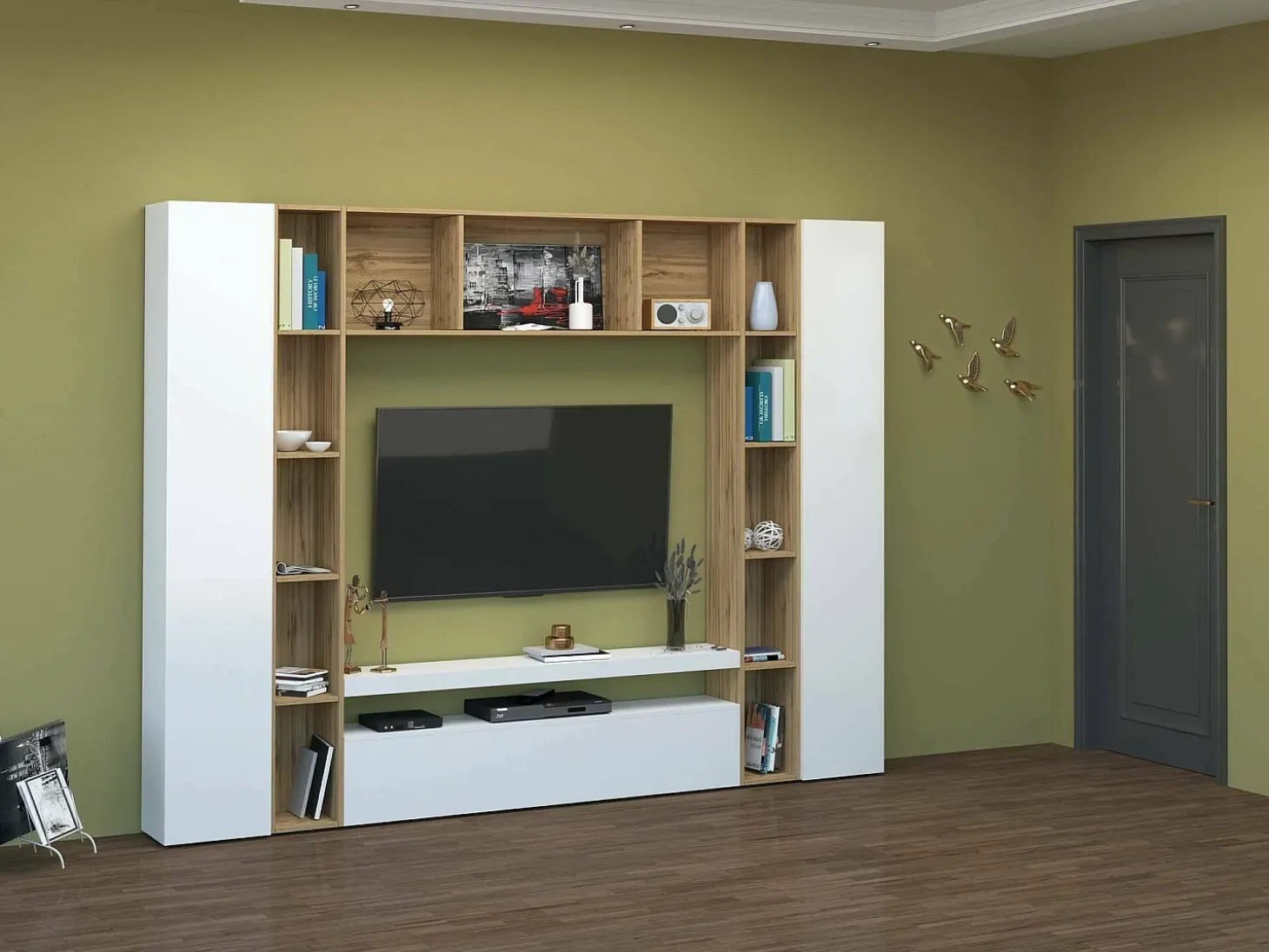 Sistema de parede Gilberto, conjunto de sala de TV com 3 portas, móveis de sala multiuso, 100% Made in Italy, 270x35h210 cm, branco brilhante e carvalho