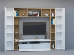 Sistema de parede Gilberto, conjunto de sala de TV com 3 portas, móveis de sala multiuso, 100% Made in Italy, 270x35h210 cm, branco brilhante e carvalho