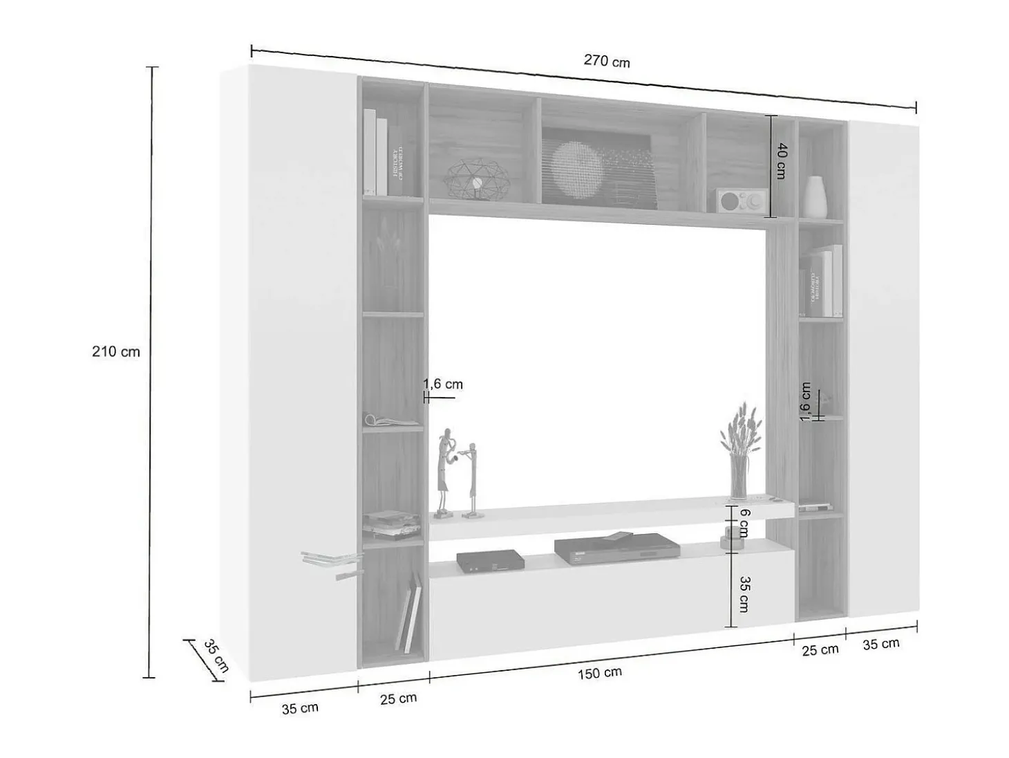 Sistema de parede Gilberto, conjunto de sala de TV com 3 portas, móveis de sala multiuso, 100% Made in Italy, 270x35h210 cm, branco brilhante e carvalho