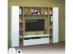 Sistema de parede Gilberto, conjunto de sala de TV com 3 portas, móveis de sala multiuso, 100% Made in Italy, 270x35h210 cm, branco brilhante e carvalho