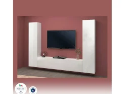 Sistema de parede Giordano, conjunto de sala de TV com 3 portas, móveis de sala multiuso, 100% Fabricado na Itália, 260x30h180 cm, Branco brilhante