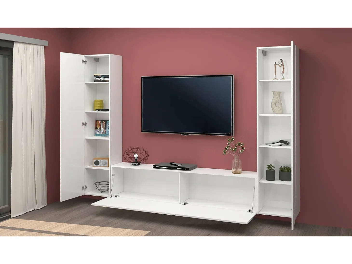 Sistema de parede Giordano, conjunto de sala de TV com 3 portas, móveis de sala multiuso, 100% Fabricado na Itália, 260x30h180 cm, Branco brilhante