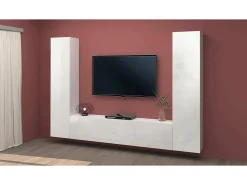 Sistema de parede Giordano, conjunto de sala de TV com 3 portas, móveis de sala multiuso, 100% Fabricado na Itália, 260x30h180 cm, Branco brilhante