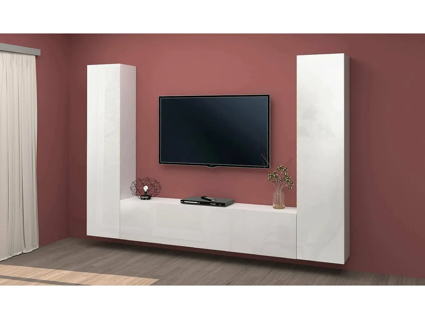 Sistema de parede Giordano, conjunto de sala de TV com 3 portas, móveis de sala multiuso, 100% Fabricado na Itália, 260x30h180 cm, Branco brilhante