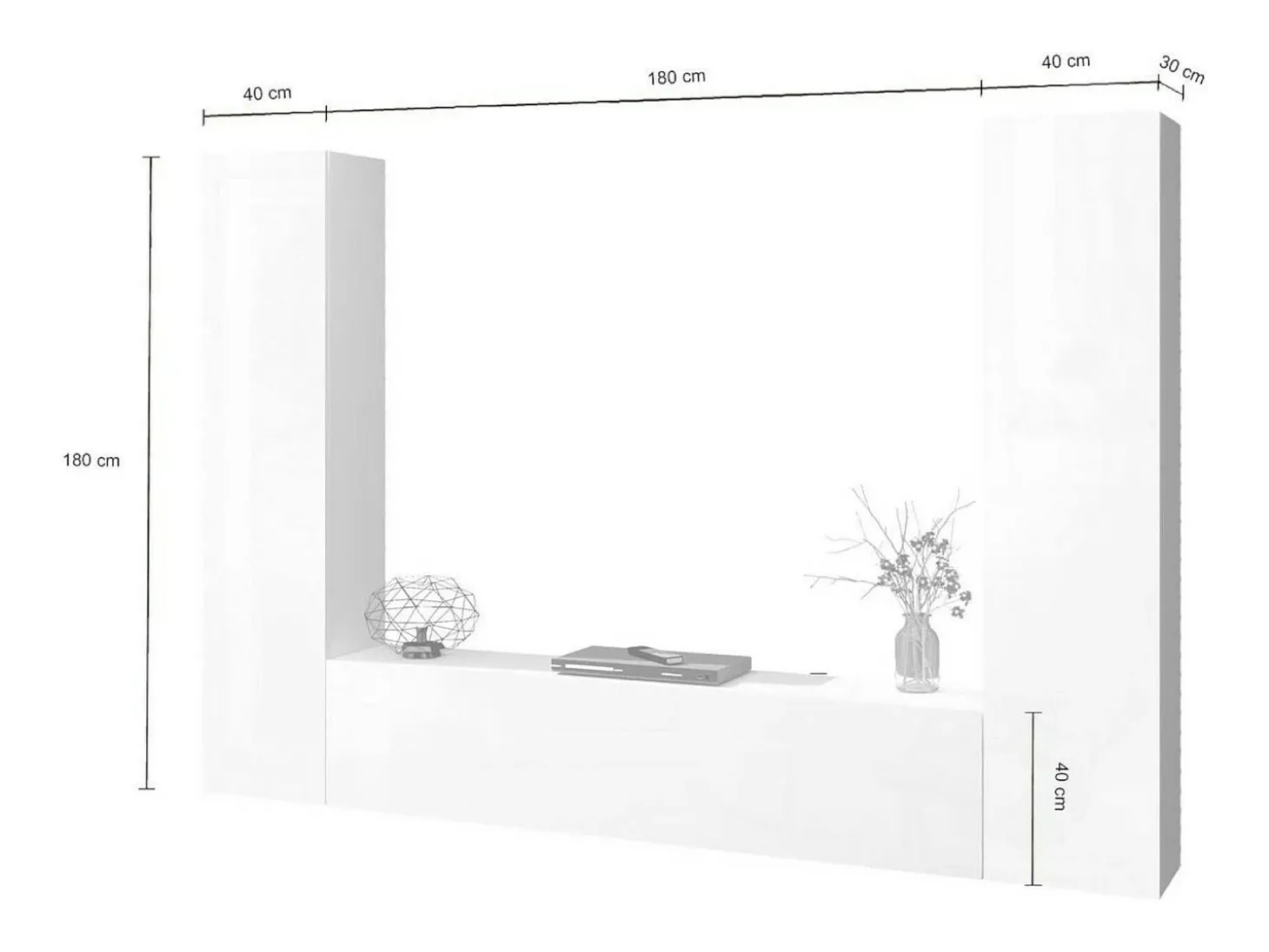 Sistema de parede Giordano, conjunto de sala de TV com 3 portas, móveis de sala multiuso, 100% Fabricado na Itália, 260x30h180 cm, Branco brilhante