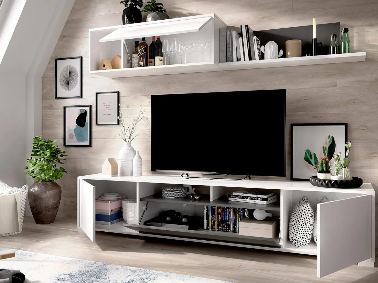 Sistema de parede Gruf, móvel de sala de TV, mobiliário de sala multiuso, 200x41h180 cm, Branco e Antracite