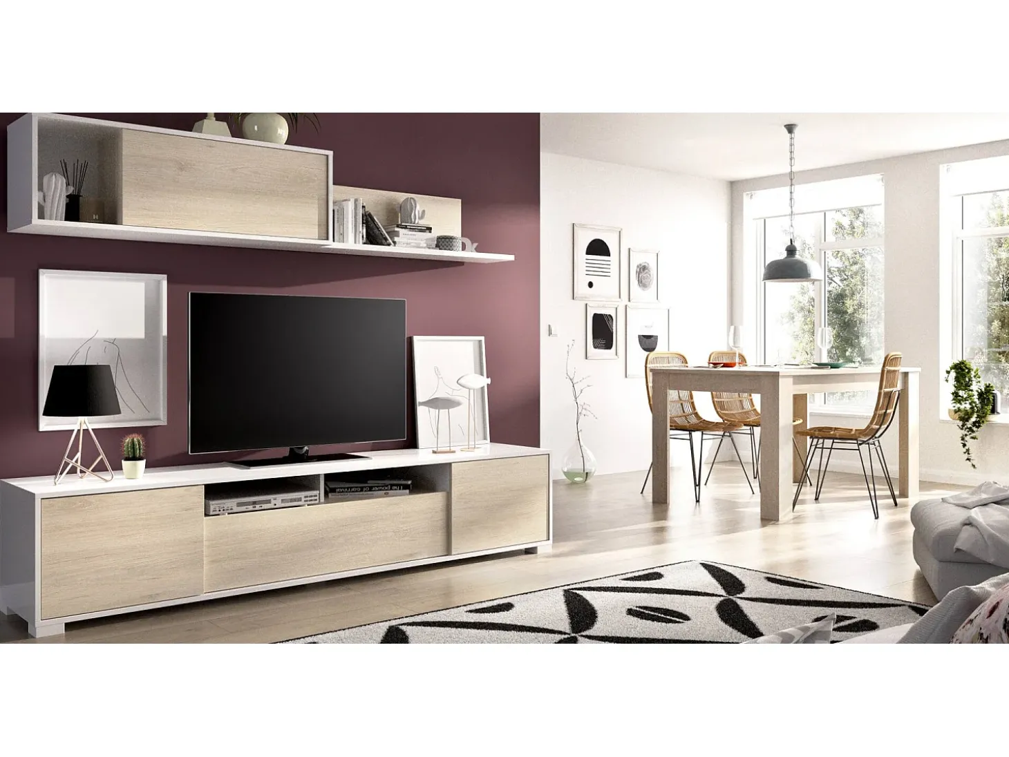 Sistema de parede Gruf, móvel de sala de TV, móveis de sala multiuso, 200x41h180 cm, carvalho e branco