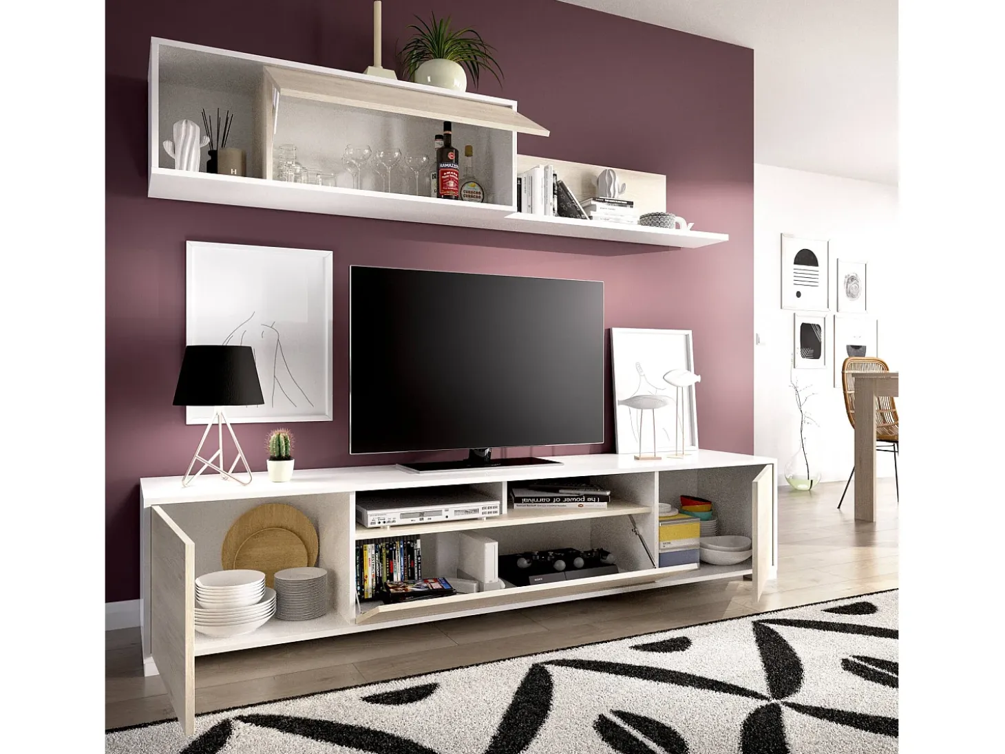Sistema de parede Gruf, móvel de sala de TV, móveis de sala multiuso, 200x41h180 cm, carvalho e branco