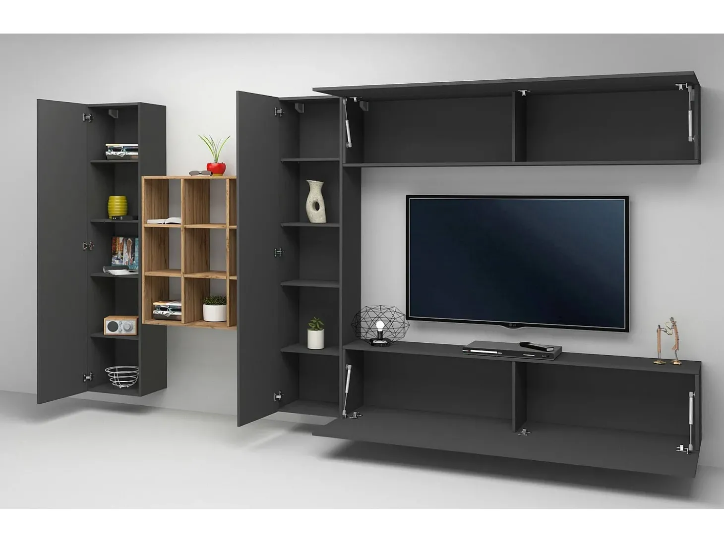 Sistema de parede Gualtiero, conjunto de sala de TV com 4 portas, móveis de sala multiuso, 100% Fabricado na Itália, 350x30h180 cm, Antracite
