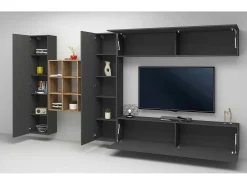 Sistema de parede Gualtiero, conjunto de sala de TV com 4 portas, móveis de sala multiuso, 100% Fabricado na Itália, 350x30h180 cm, Antracite