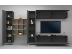 Sistema de parede Gualtiero, conjunto de sala de TV com 4 portas, móveis de sala multiuso, 100% Fabricado na Itália, 350x30h180 cm, Antracite