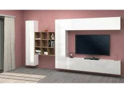 Sistema de parede Gualtiero, conjunto de sala de TV com 4 portas, móveis de sala multiuso, 100% Fabricado na Itália, 350x30h180 cm, Branco brilhante