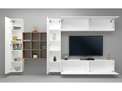 Sistema de parede Gualtiero, conjunto de sala de TV com 4 portas, móveis de sala multiuso, 100% Fabricado na Itália, 350x30h180 cm, Branco brilhante