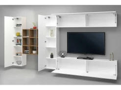 Sistema de parede Gualtiero, conjunto de sala de TV com 4 portas, móveis de sala multiuso, 100% Fabricado na Itália, 350x30h180 cm, Branco brilhante