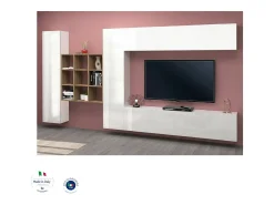 Sistema de parede Gualtiero, conjunto de sala de TV com 4 portas, móveis de sala multiuso, 100% Fabricado na Itália, 350x30h180 cm, Branco brilhante