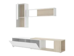 Sistema de parede Legnone, Conjunto modular de sala de canto, Móveis de sala multiposições, 230x41h180 cm, Branco e Carvalho