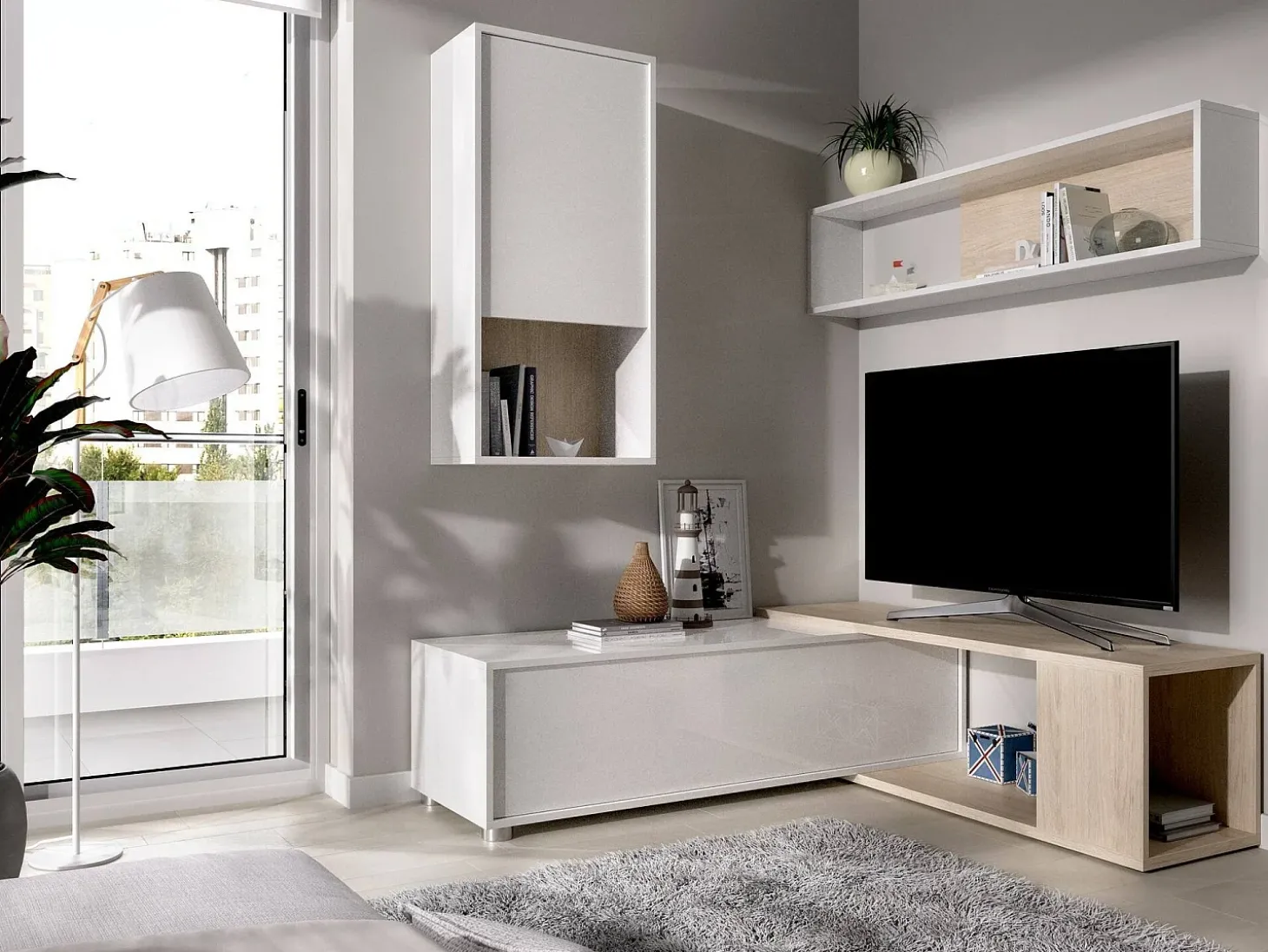 Sistema de parede Legnone, Conjunto modular de sala de canto, Móveis de sala multiposições, 230x41h180 cm, Branco e Carvalho