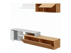 Sistema de parede Miami, Móvel de sala de TV reversível, Composição de sala com móvel de parede e prateleira, 220x40h44 cm, Carvalho com efeito nó e Branco