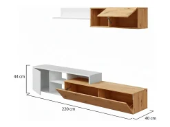 Sistema de parede Miami, Móvel de sala de TV reversível, Composição de sala com móvel de parede e prateleira, 220x40h44 cm, Carvalho com efeito nó e Branco