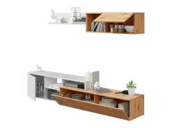 Sistema de parede Miami, Móvel de sala de TV reversível, Composição de sala com móvel de parede e prateleira, 220x40h44 cm, Carvalho com efeito nó e Branco