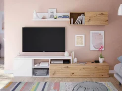 Sistema de parede Miami, Móvel de sala de TV reversível, Composição de sala com móvel de parede e prateleira, 220x40h44 cm, Carvalho com efeito nó e Branco