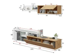Sistema de parede Miami, Móvel de sala de TV reversível, Composição de sala com móvel de parede e prateleira, 220x40h44 cm, Carvalho com efeito nó e Branco