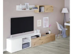 Sistema de parede Miami, Móvel de sala de TV reversível, Composição de sala com móvel de parede e prateleira, 220x40h44 cm, Carvalho com efeito nó e Branco