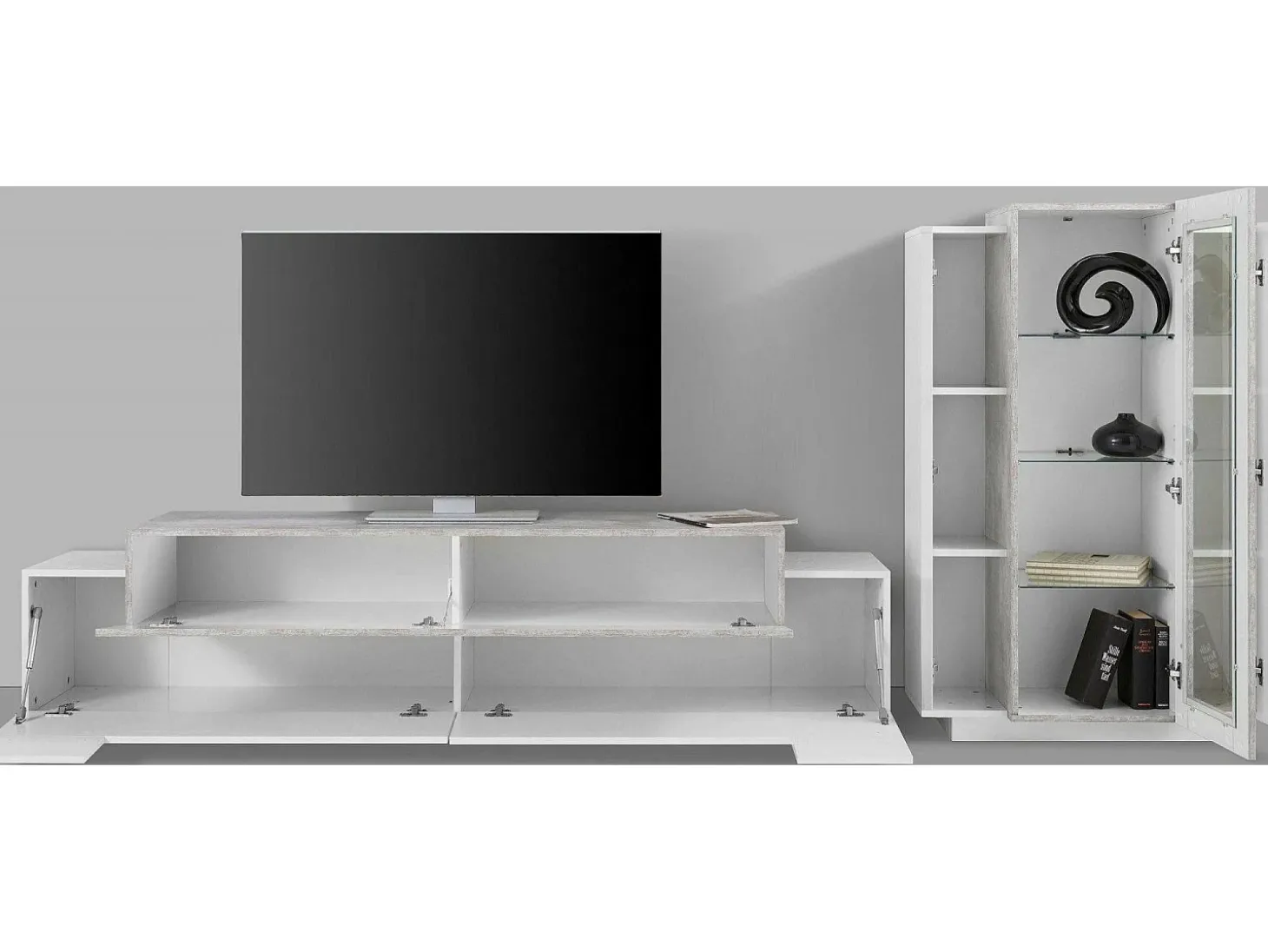 Sistema de parede Mirko, conjunto de sala de TV, móveis de sala multiuso, 100% fabricado na Itália, 280x45h121 cm, branco brilhante e concreto
