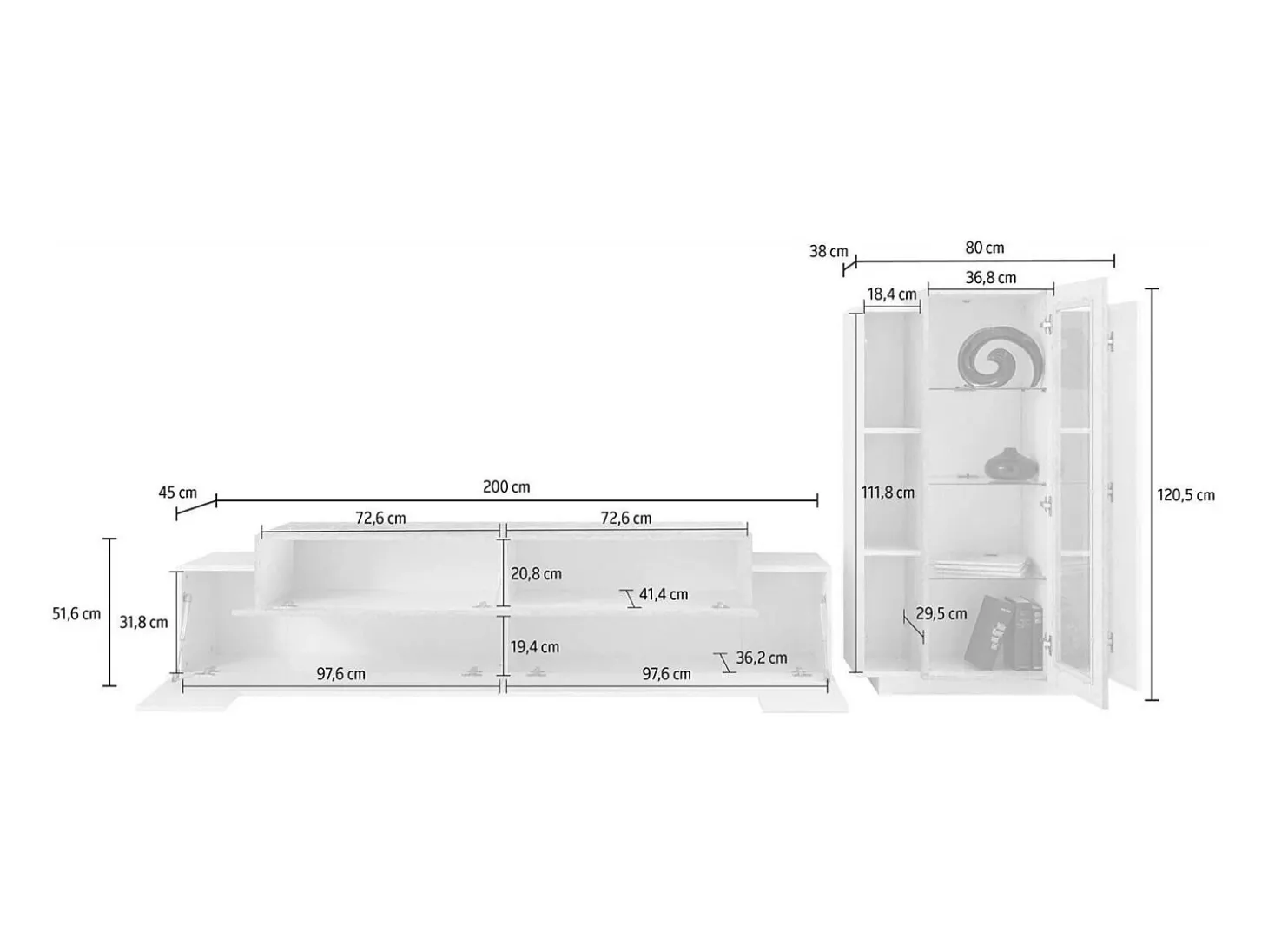 Sistema de parede Mirko, conjunto de sala de TV, móveis de sala multiuso, 100% fabricado na Itália, 280x45h121 cm, branco brilhante e concreto