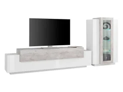 Sistema de parede Mirko, conjunto de sala de TV, móveis de sala multiuso, 100% fabricado na Itália, 280x45h121 cm, branco brilhante e concreto