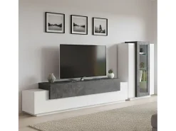 Sistema de parede Mirko, conjunto de sala de TV, móveis de sala multiuso, 100% fabricado na Itália, 280x45h121 cm, branco brilhante e ardósia