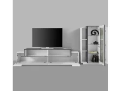Sistema de parede Mirko, conjunto de sala de TV, móveis de sala multiuso, 100% fabricado na Itália, 280x45h121 cm, branco brilhante e ardósia