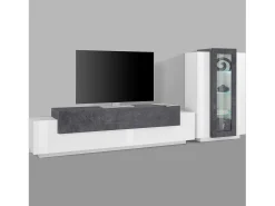 Sistema de parede Mirko, conjunto de sala de TV, móveis de sala multiuso, 100% fabricado na Itália, 280x45h121 cm, branco brilhante e ardósia