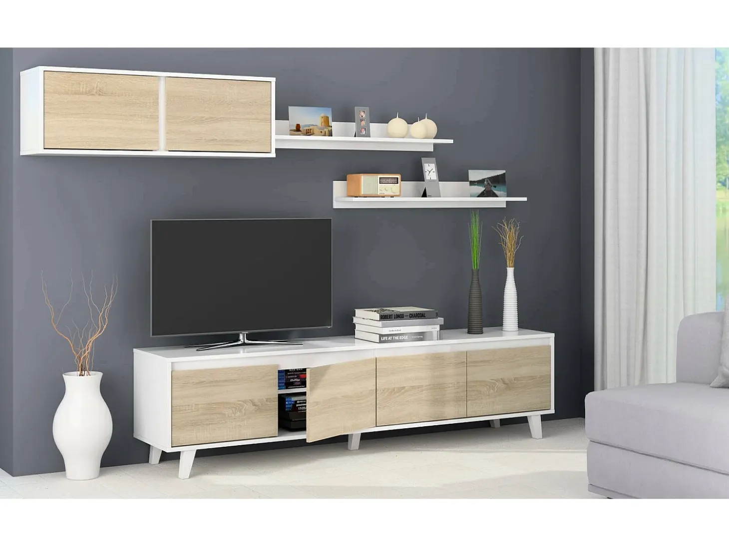 Sistema de parede Orlando, móvel de sala de TV, Composição de sala com móvel de parede e prateleira, 200x50h41 cm, Branco e Carvalho