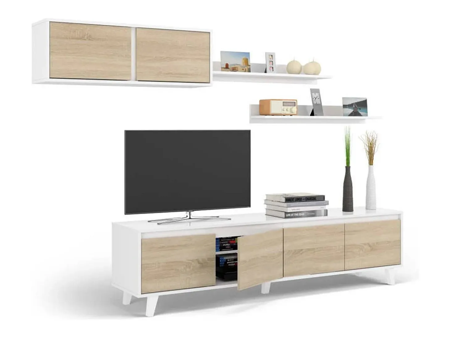 Sistema de parede Orlando, móvel de sala de TV, Composição de sala com móvel de parede e prateleira, 200x50h41 cm, Branco e Carvalho