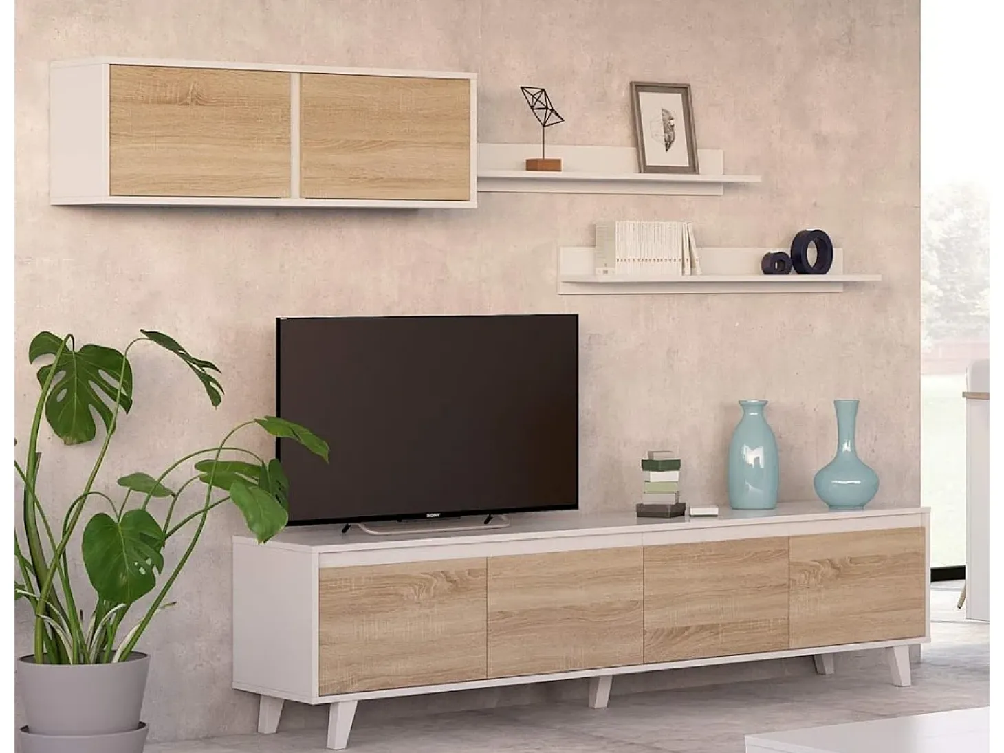 Sistema de parede Orlando, móvel de sala de TV, Composição de sala com móvel de parede e prateleira, 200x50h41 cm, Branco e Carvalho