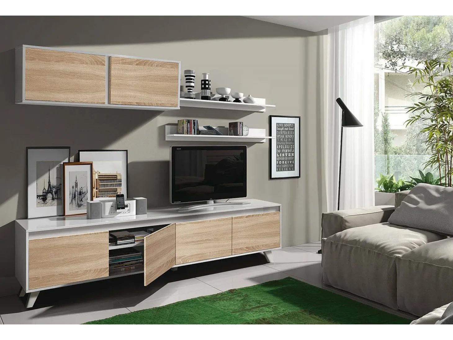Sistema de parede Orlando, móvel de sala de TV, Composição de sala com móvel de parede e prateleira, 200x50h41 cm, Branco e Carvalho