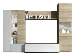 Sistema de parede Raleigh, armário de sala modular para TV, composição de sala com móveis de parede e vitrines e luz LED, 260x42h185 cm, carvalho e branco
