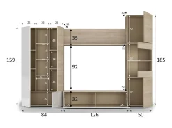 Sistema de parede Raleigh, armário de sala modular para TV, composição de sala com móveis de parede e vitrines e luz LED, 260x42h185 cm, carvalho e branco