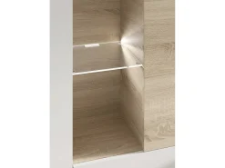 Sistema de parede Raleigh, armário de sala modular para TV, composição de sala com móveis de parede e vitrines e luz LED, 260x42h185 cm, carvalho e branco