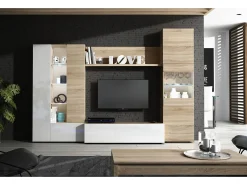 Sistema de parede Raleigh, armário de sala modular para TV, composição de sala com móveis de parede e vitrines e luz LED, 260x42h185 cm, carvalho e branco