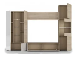 Sistema de parede Raleigh, armário de sala modular para TV, composição de sala com móveis de parede e vitrines e luz LED, 260x42h185 cm, carvalho e branco