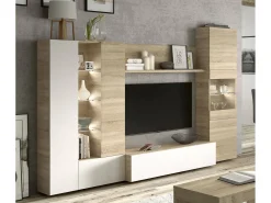 Sistema de parede Raleigh, armário de sala modular para TV, composição de sala com móveis de parede e vitrines e luz LED, 260x42h185 cm, carvalho e branco