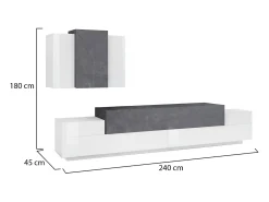 Sistema de parede Ruben, conjunto de sala de TV, móveis de sala multiuso, 100% fabricado na Itália, 240x45h180 cm, branco brilhante e ardósia