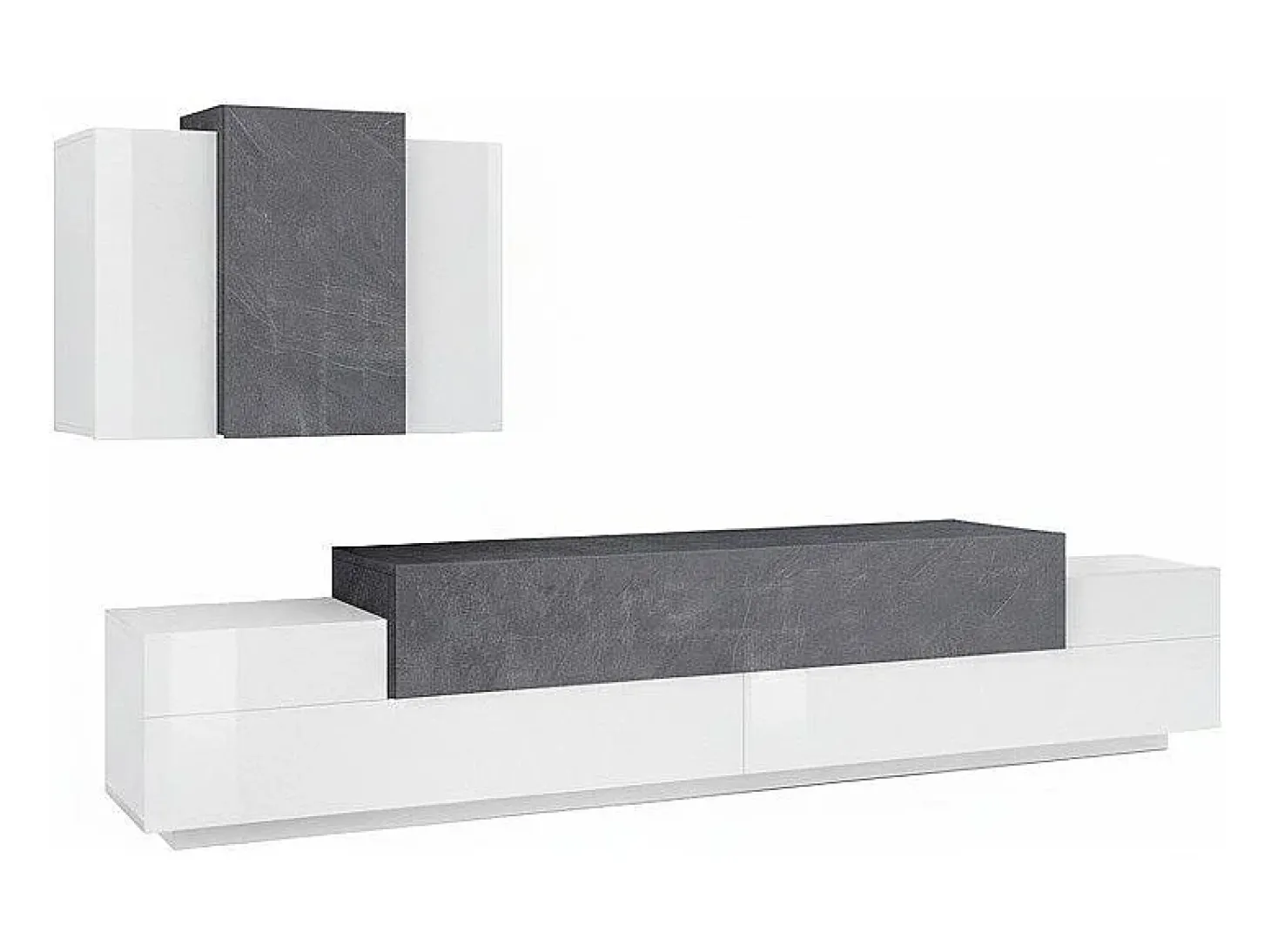 Sistema de parede Ruben, conjunto de sala de TV, móveis de sala multiuso, 100% fabricado na Itália, 240x45h180 cm, branco brilhante e ardósia