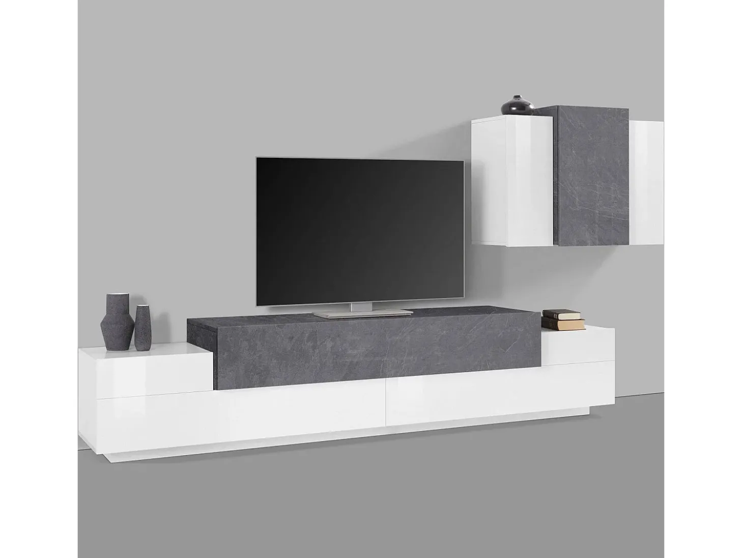 Sistema de parede Ruben, conjunto de sala de TV, móveis de sala multiuso, 100% fabricado na Itália, 240x45h180 cm, branco brilhante e ardósia