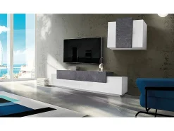 Sistema de parede Ruben, conjunto de sala de TV, móveis de sala multiuso, 100% fabricado na Itália, 240x45h180 cm, branco brilhante e ardósia