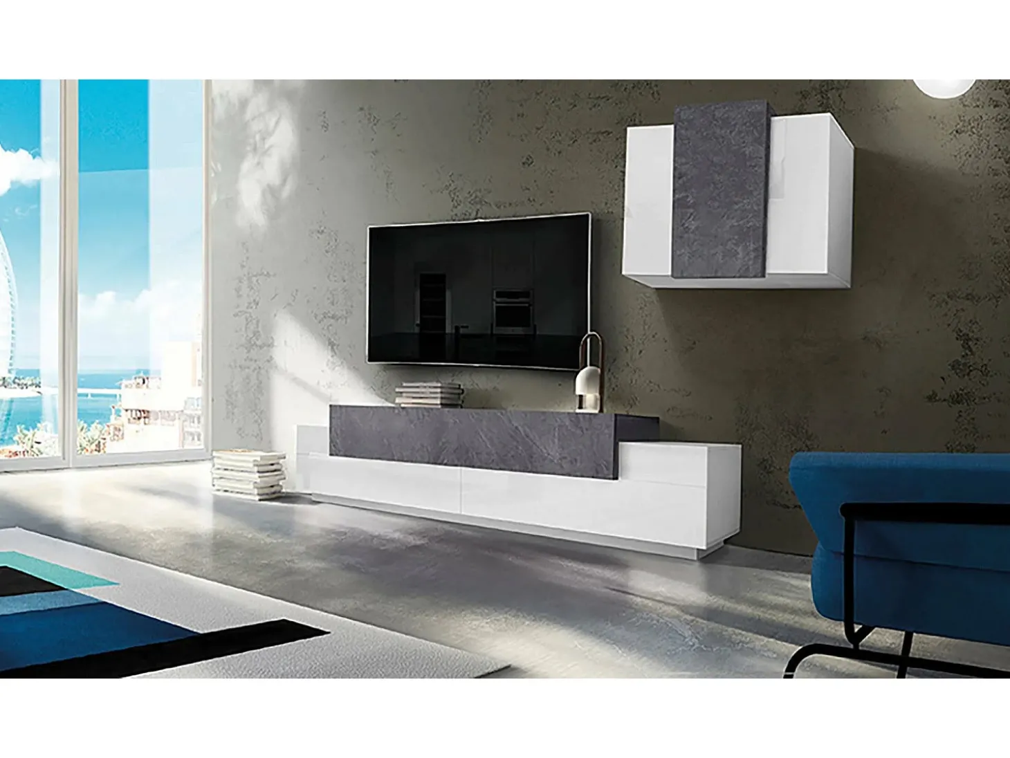 Sistema de parede Ruben, conjunto de sala de TV, móveis de sala multiuso, 100% fabricado na Itália, 240x45h180 cm, branco brilhante e ardósia